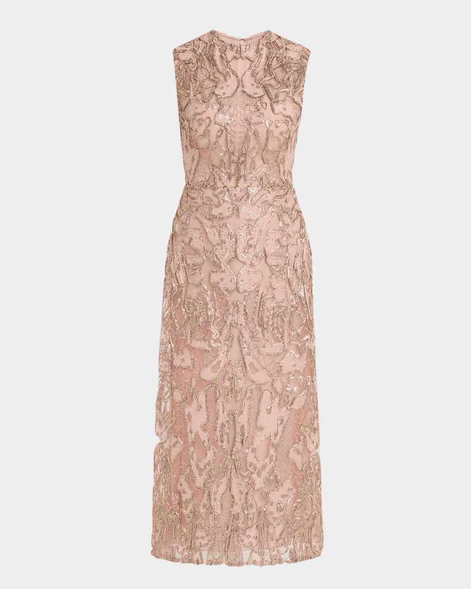 Sequined Metallic Lace Sleeveless Midi Dress
